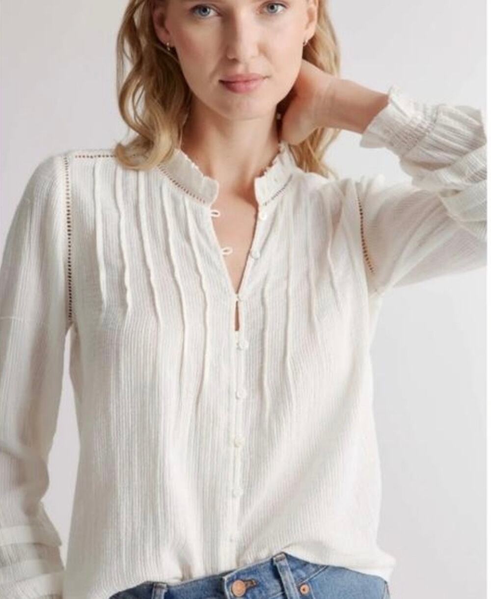 Quince 100% Organic Cotton Peasant Blouse Edwardian Pintuck Swiss Dot White XL